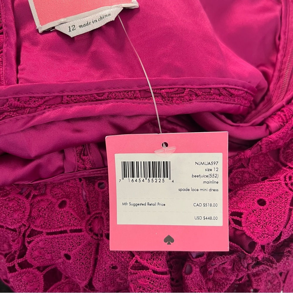 Kate Spade Dress Beetjuice Magenta Pink Spade Lace Mini Dress Sz 12 NWT - Picture 11 of 15